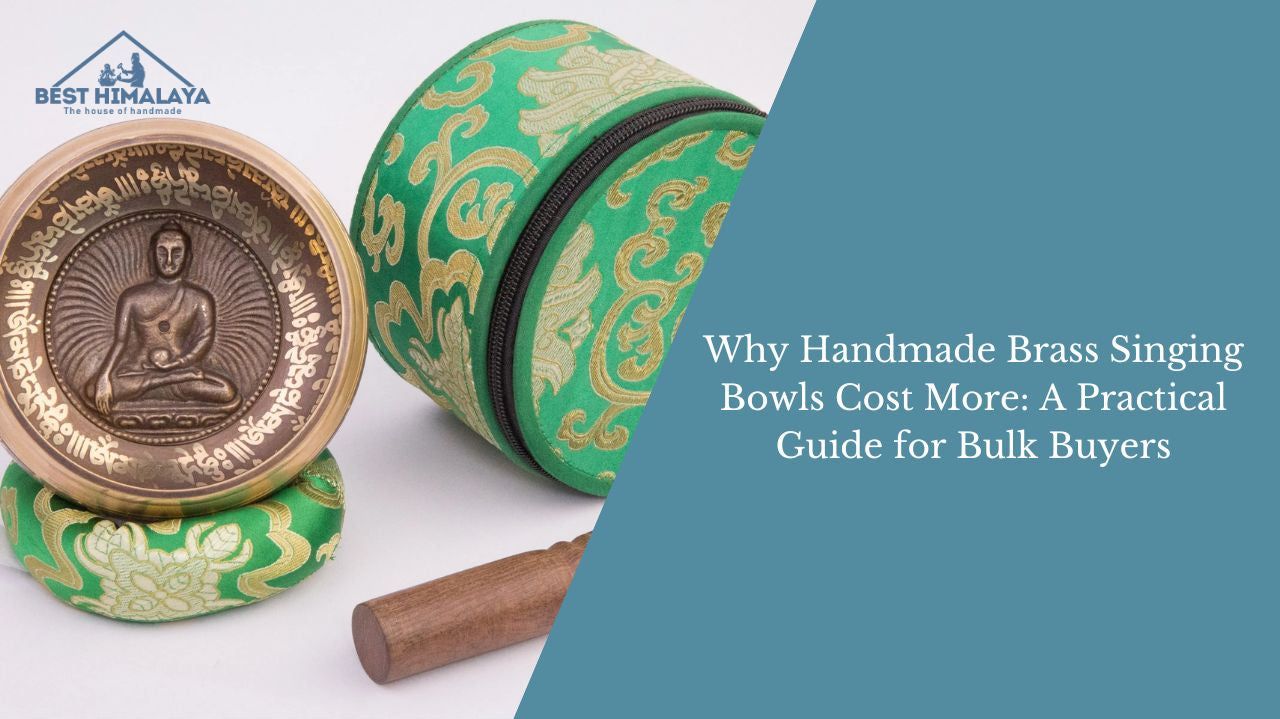 Handmade brass singing bowl with Buddha engraving, cushion, striker and case for bulk buyers and wholesale meditation use.