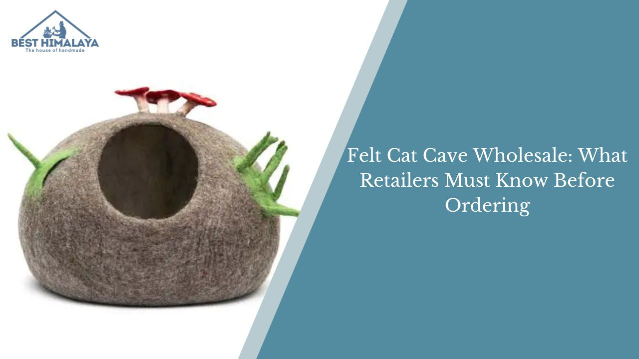 Felt cat cave with mushroom and grass accents, plus wholesale ordering