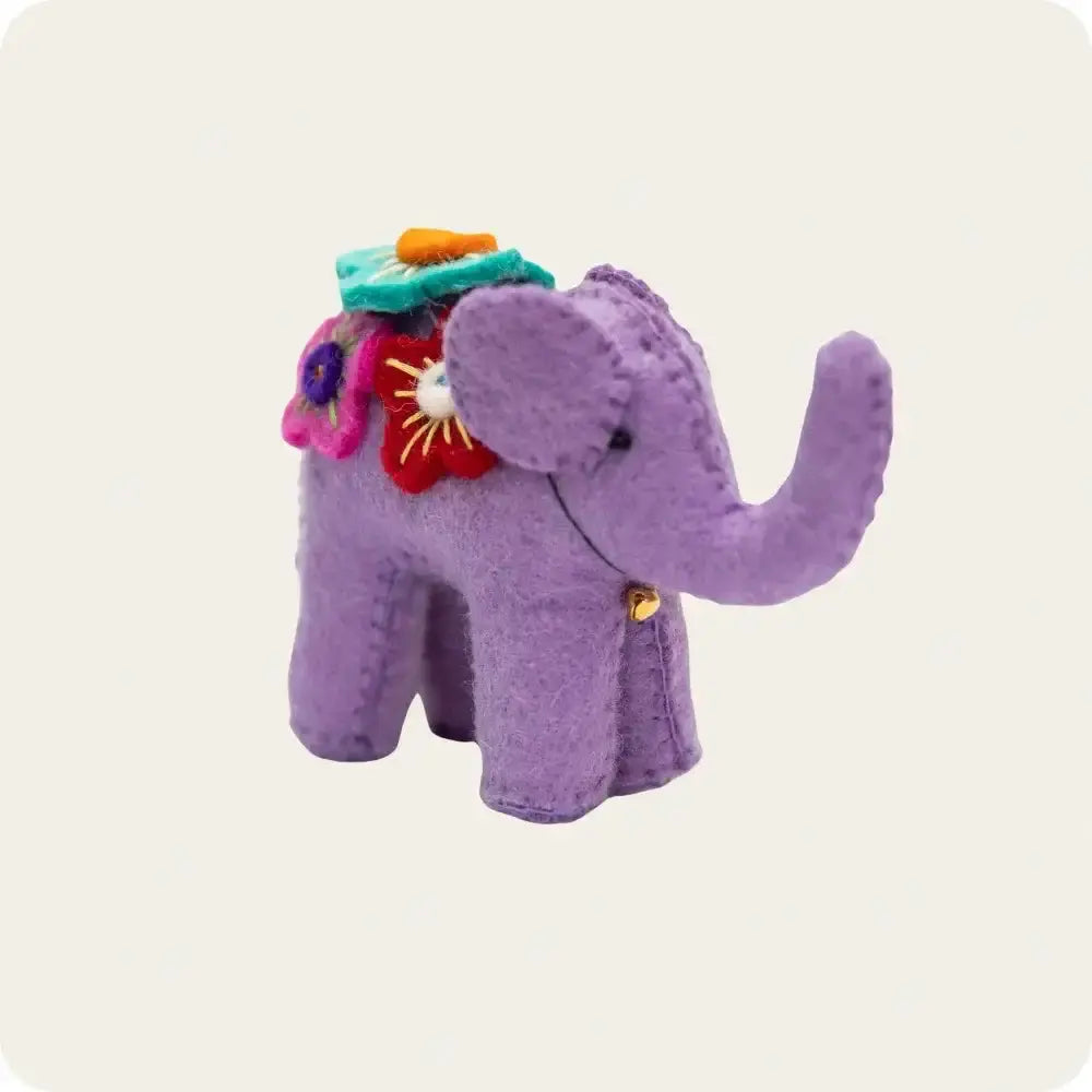 Handcrafted purple felt elephant toy with colorful decorative embroidery, perfect for kids and home decor.