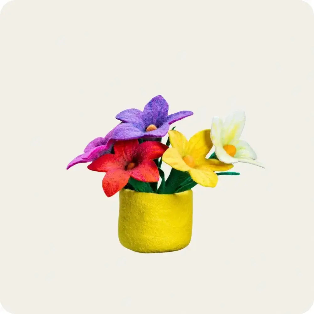 Felt Flowers" image: "Colorful handcrafted felt flowers in a yellow felt pot.
