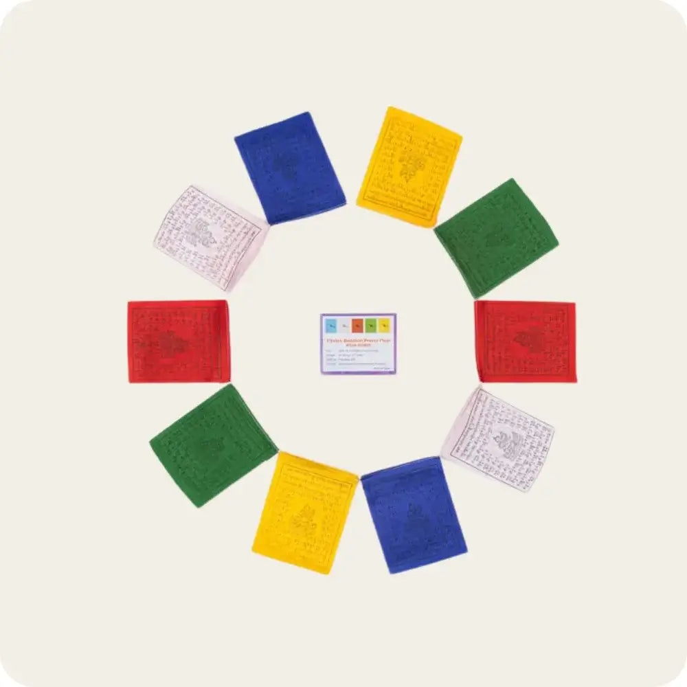 Tibetan Prayer Flags arranged in a colorful circular pattern, each flag displaying spiritual symbols and prayers, promoting peace and compassion.