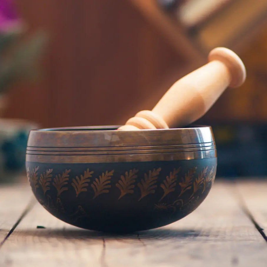 Black Colored Leaf & Bird Carved Singing Bowl - Best HimalayaBest Himalaya