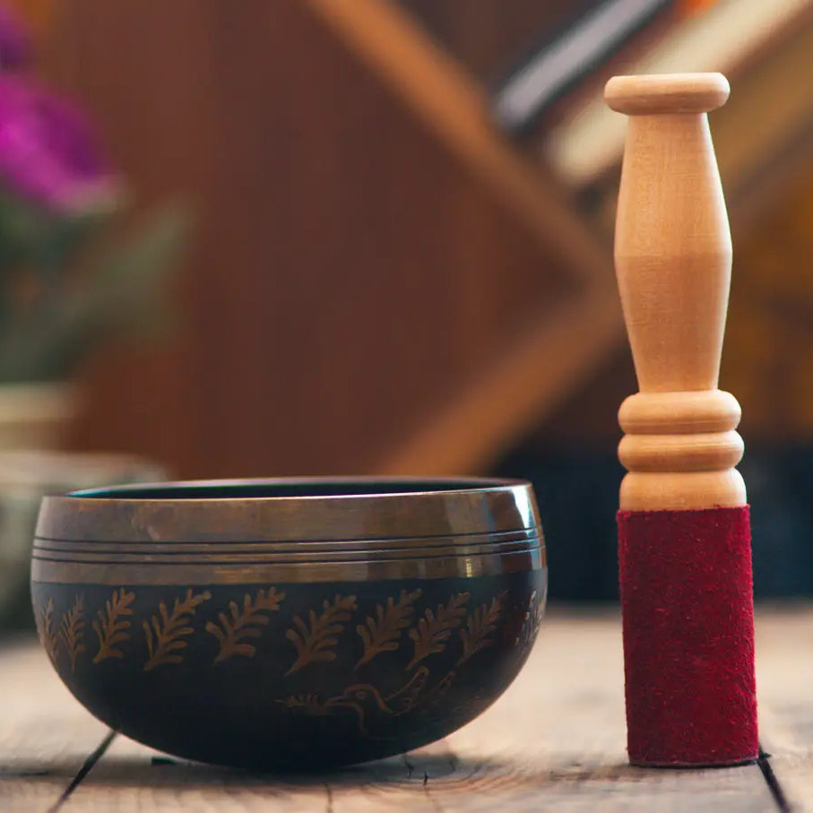 Black Colored Leaf & Bird Carved Singing Bowl - Best HimalayaBest Himalaya