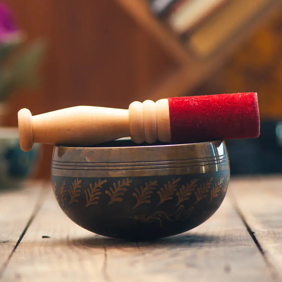 Black Colored Leaf & Bird Carved Singing Bowl - Best HimalayaBest Himalaya