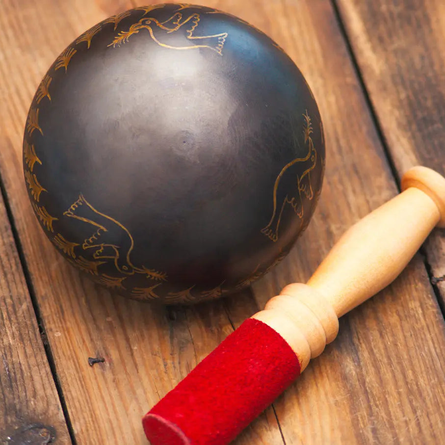 Black Colored Leaf & Bird Carved Singing Bowl - Best HimalayaBest Himalaya