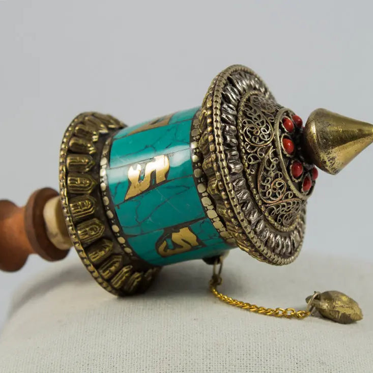 Dharma Wheel - Buddhist Tibetan Mantra Small Hand Held Turquoise Prayer Wheel - Best HimalayaBest Himalaya