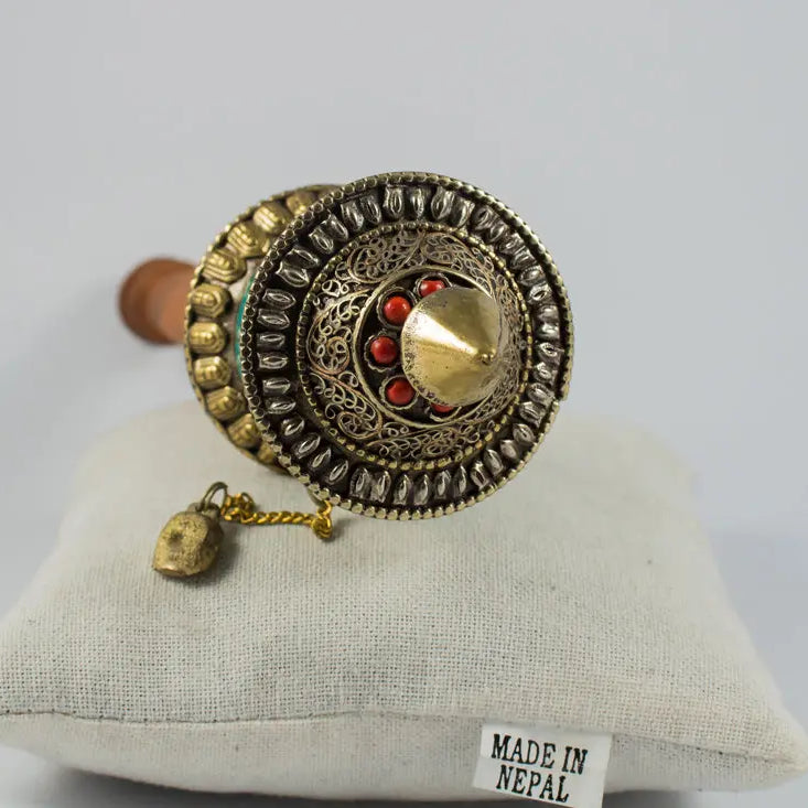 Dharma Wheel - Buddhist Tibetan Mantra Small Hand Held Turquoise Prayer Wheel - Best HimalayaBest Himalaya