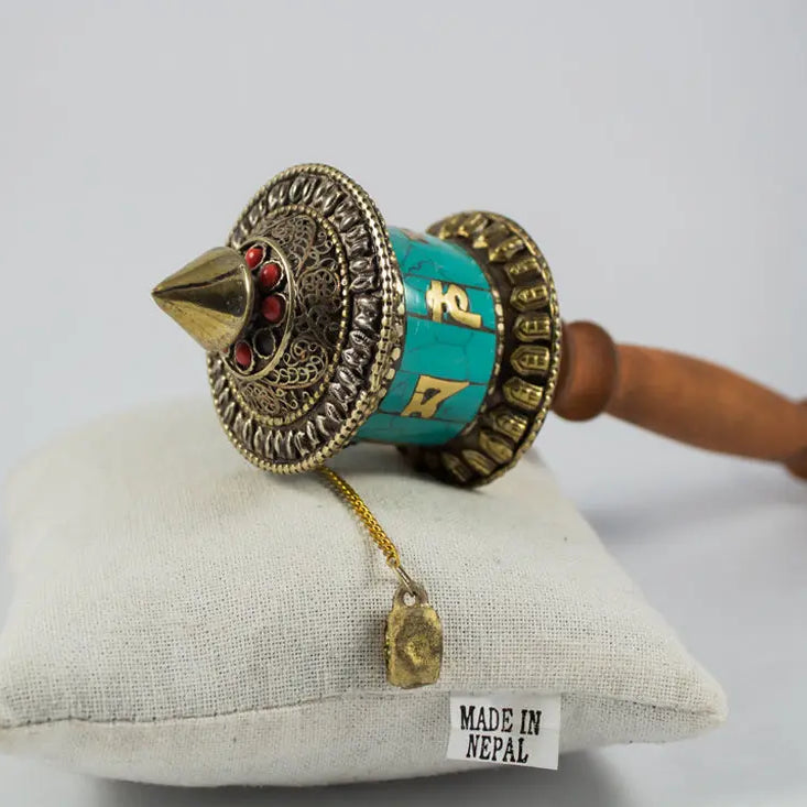 Dharma Wheel - Buddhist Tibetan Mantra Small Hand Held Turquoise Prayer Wheel - Best HimalayaBest Himalaya
