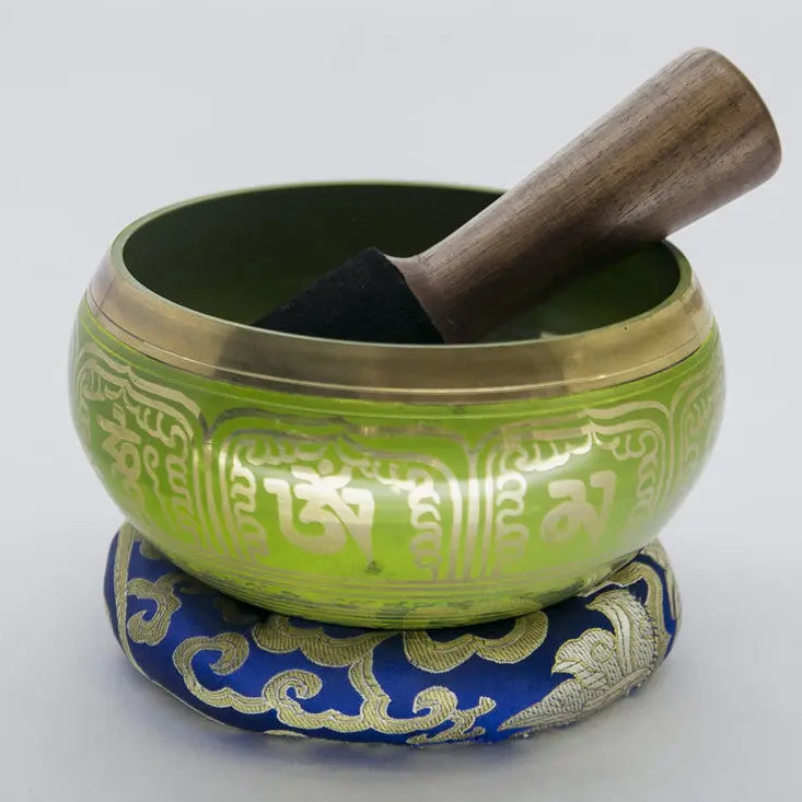 Green Tibetan Singing Bowl with Blue Ring Cushion - Best Himalaya