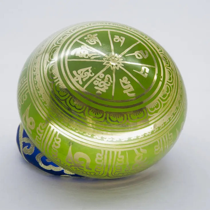 Green Tibetan Singing Bowl with Blue Ring Cushion - Best Himalaya