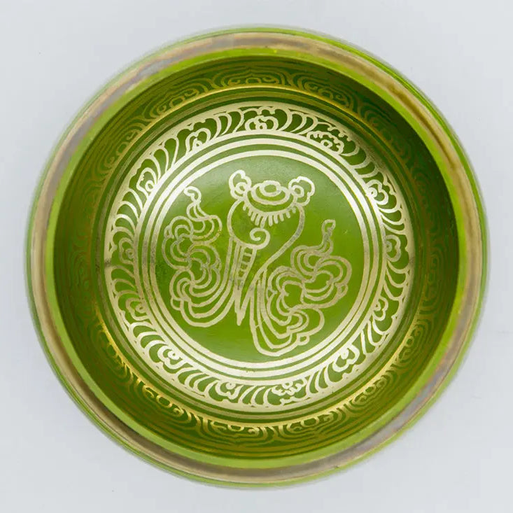 Green Tibetan Singing Bowl with Blue Ring Cushion - Best Himalaya
