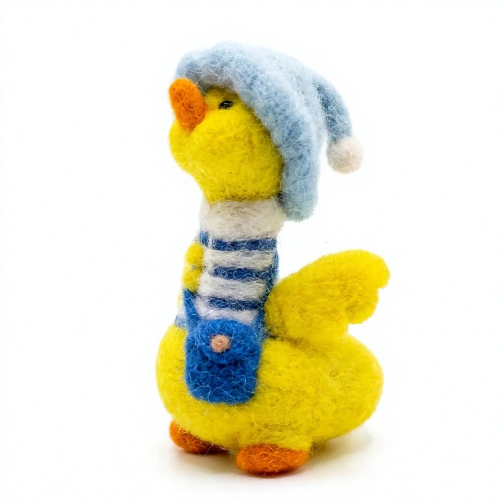 Felt Wool Duckling with Blue Hat and Satchel Small Animal Shape Christmas Indoor Decor – view 3