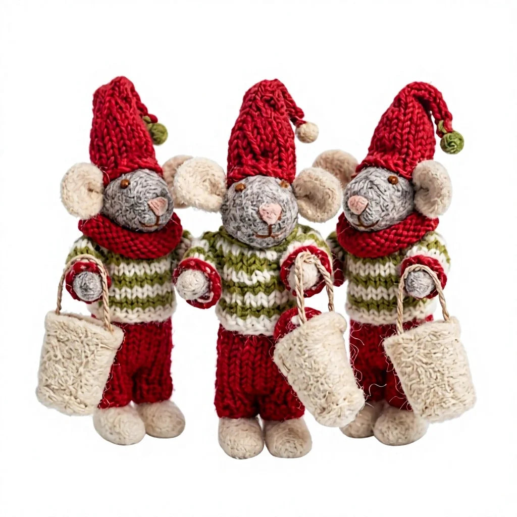 Felt Wool Mouse Doll Christmas Decoration with Red Hat and Bag – handmade by Best Himalaya