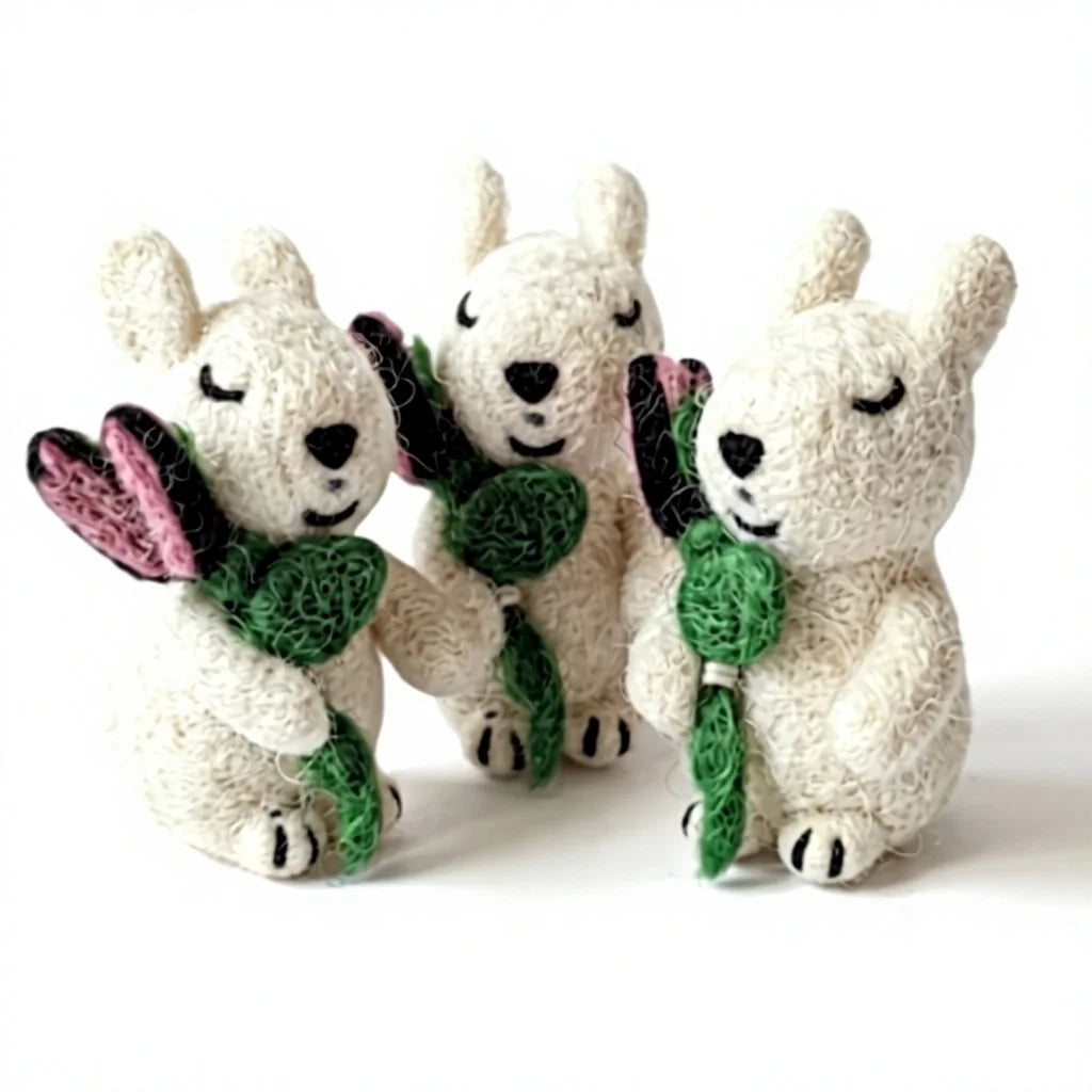 Felt Wool White Bunny Rabbit Decorations with Green Carrot and Pink Ears – handmade by Best Himalaya