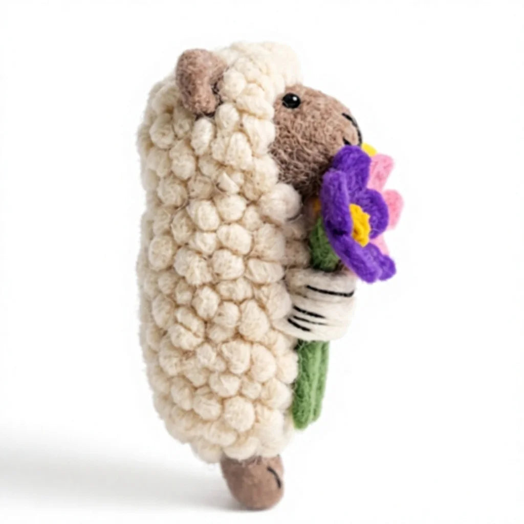 Felt Wool Sheep with Flower Bouquet Wall Hanging Decor Cartoon Animal Ornament – view 3