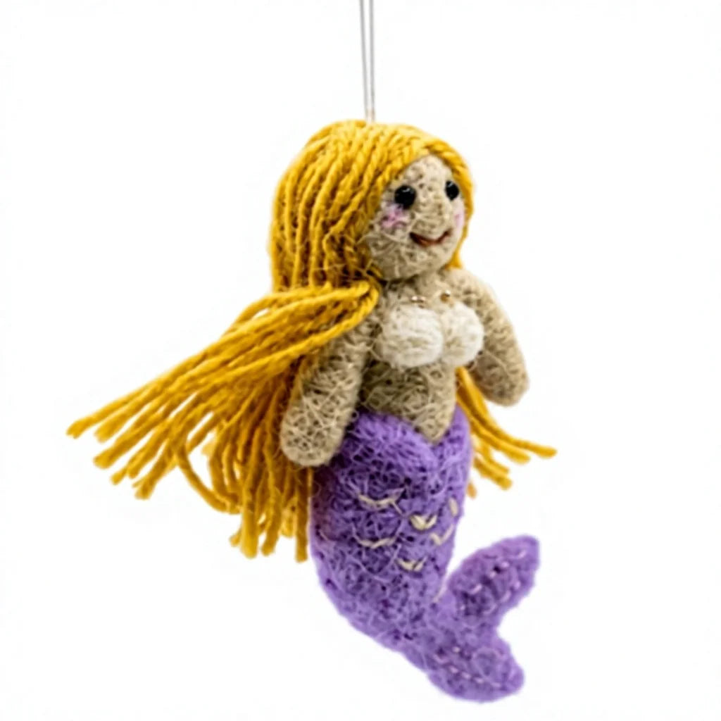 Felt Wool Jute Mermaid Dolls Purple Tail Yellow Hair Cartoon Christmas Indoor Decoration Wall Hanging Small Size – view 3