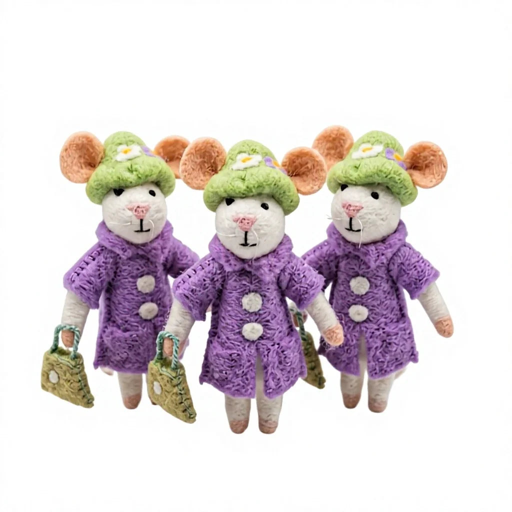 Felt Wool Mouse Dolls in Purple Coats Green Hats Cartoon Style Indoor Christmas Decoration – handmade by Best Himalaya