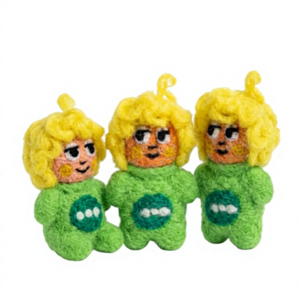 Felt Wool Blonde Character Doll Ornament Green with Embroidery Cartoon Style Christmas Decor – handmade by Best Himalaya