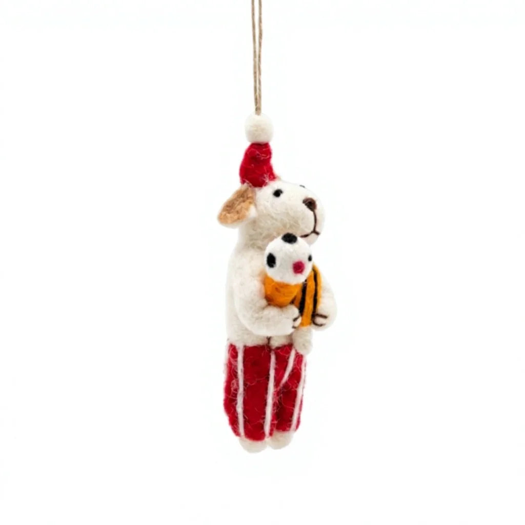 Felt Wool Christmas Bear Holding Snowman with Santa Hat Hanging Ornament Small Cartoon Animal Decor – view 3
