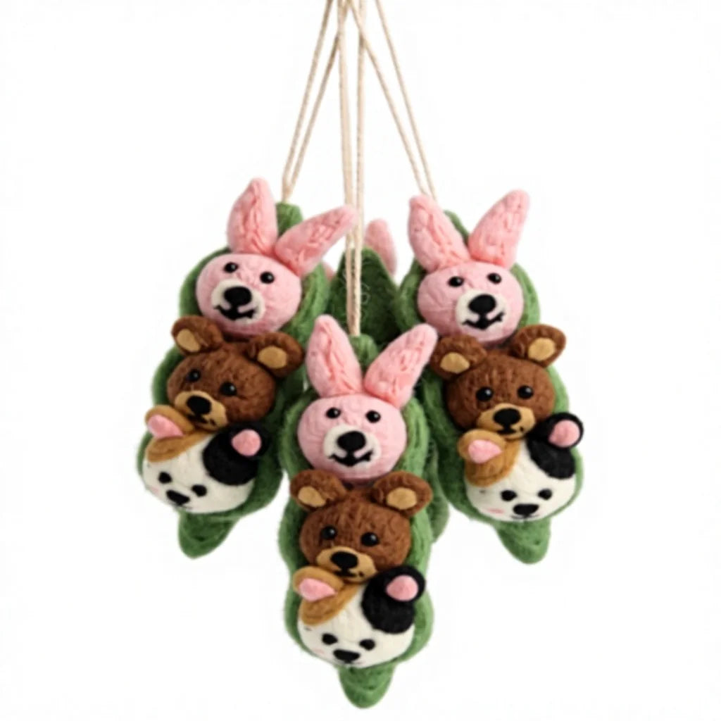 Felt Wool Pea Pod Animal Set Bunny Bear Panda Wall Hanging Christmas Decoration – handmade by Best Himalaya
