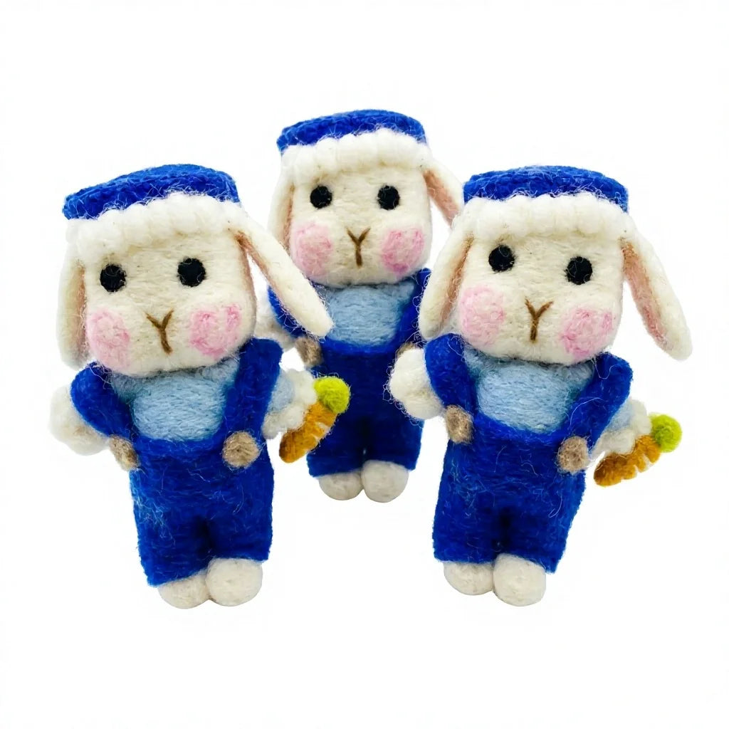 Felt Wool Bunny Ornament with Carrot Blue Overalls Cartoon Animal Christmas Decor – handmade by Best Himalaya