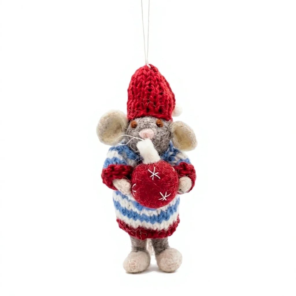 Felt Wool Christmas Mouse Ornament with Red Hat and Sweater Holding Bauble Wall Hanging Decor – view 2