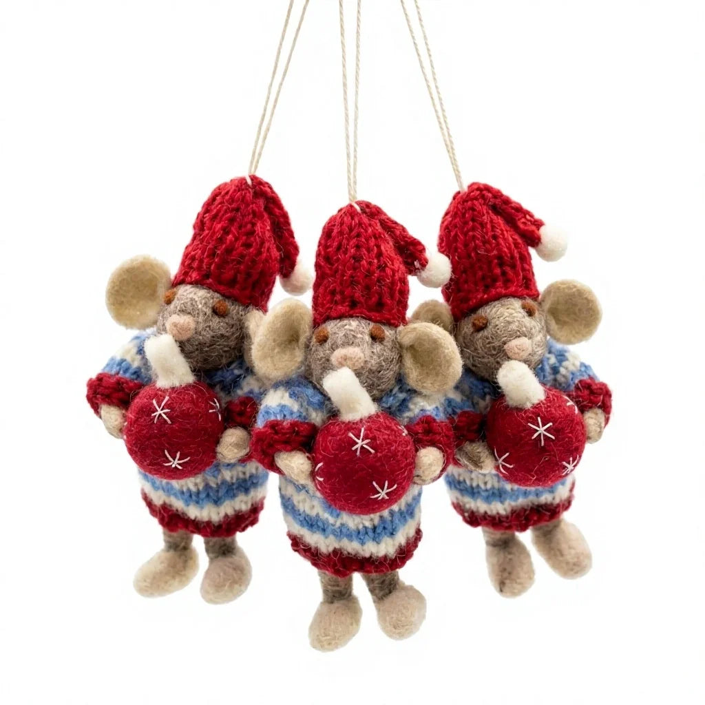 Felt Wool Christmas Mouse Ornament with Red Hat and Sweater Holding Bauble Wall Hanging Decor – handmade by Best Himalaya