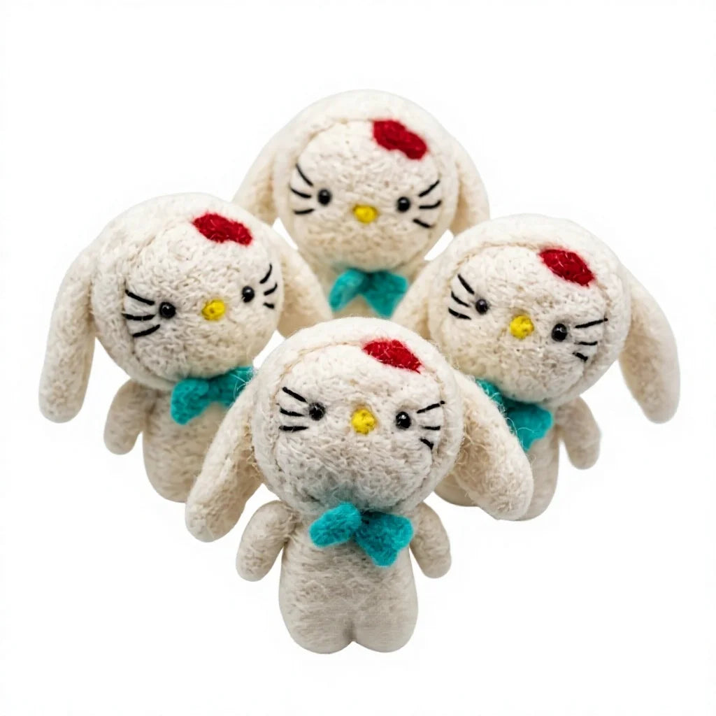 Felt Wool Hello Kitty Dolls with Red Bow and Teal Tie Small Cartoon Plush Toys Indoor Christmas Decoration – handmade by Best Himalaya