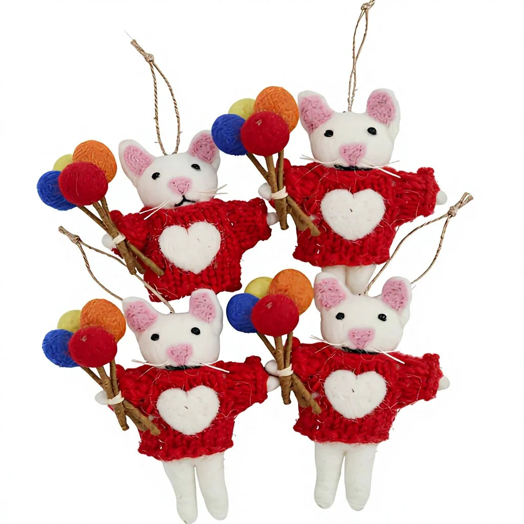 Felt Wool Mouse Ornament with Balloons Red Heart Sweater – handmade by Best Himalaya