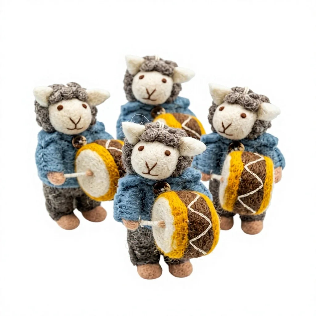 Felt Wool Sheep Drummer Ornament Set Handmade Christmas Decoration Animal Shape Wall Hanging Small Size Traditional Style – handmade by Best Himalaya