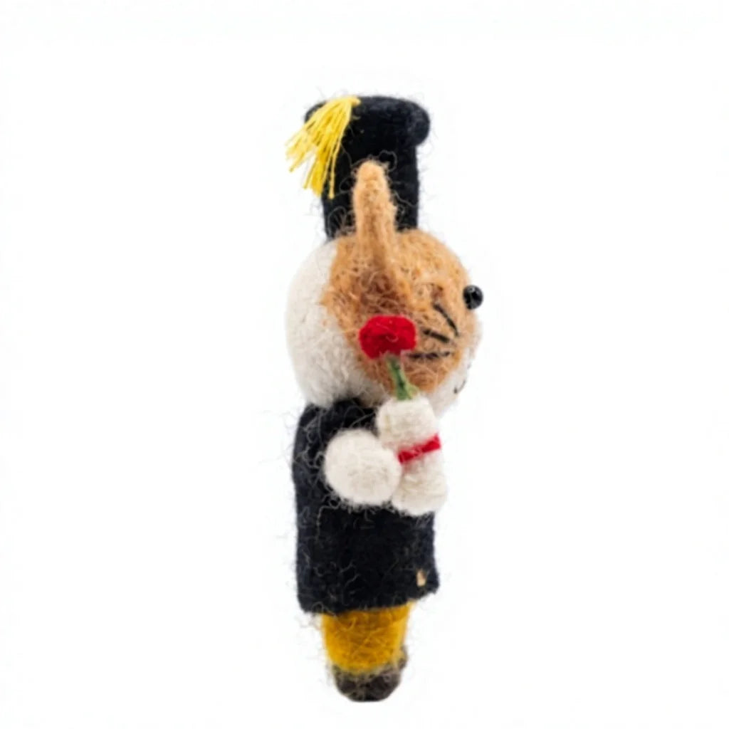 Felt Wool Graduation Cat Figurine with Cap and Rose Small Animal Decor – view 3