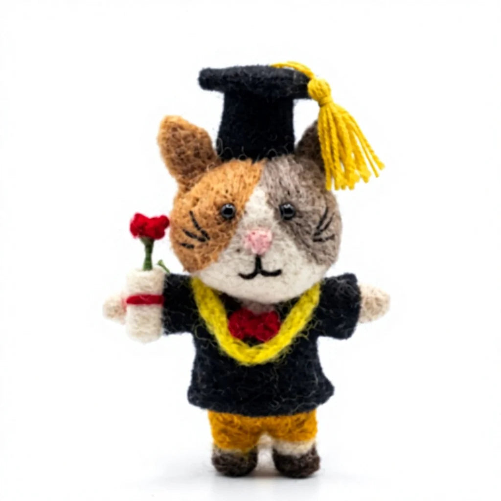 Felt Wool Graduation Cat Figurine with Cap and Rose Small Animal Decor – view 2