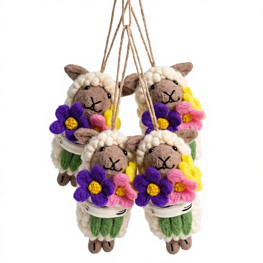 Felt Wool Sheep with Flower Bouquet Wall Hanging Decor Cartoon Animal Ornament – handmade by Best Himalaya