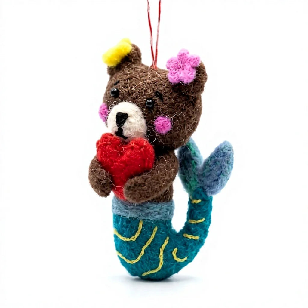Felt Wool Bear Mermaid Ornament with Heart Cartoon Animal Hanging Decor – view 3