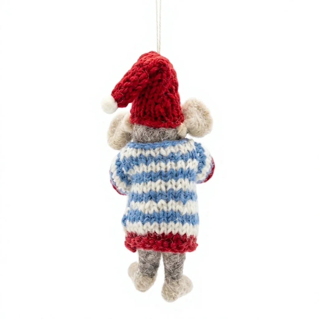 Felt Wool Christmas Mouse Ornament with Red Hat and Sweater Holding Bauble Wall Hanging Decor – view 4