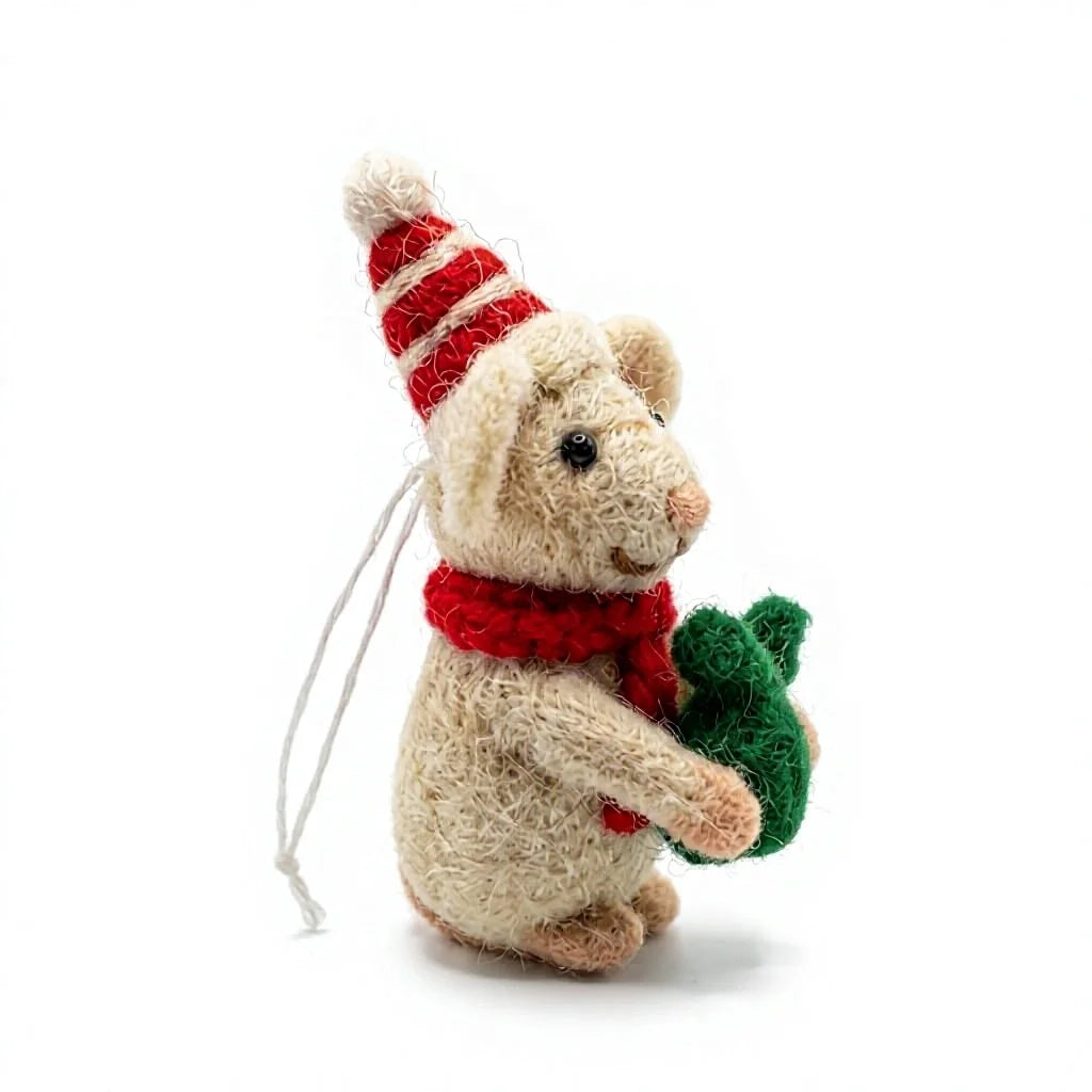 Felt Wool Mouse with Red Hat and Green Gift Sack Cartoon Animal Ornament Indoor Decor – view 3