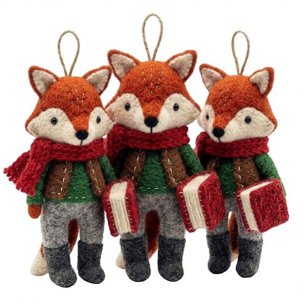 Felt Wool Fox Christmas Ornament with Scarf and Book Rustic Indoor Decoration – handmade by Best Himalaya