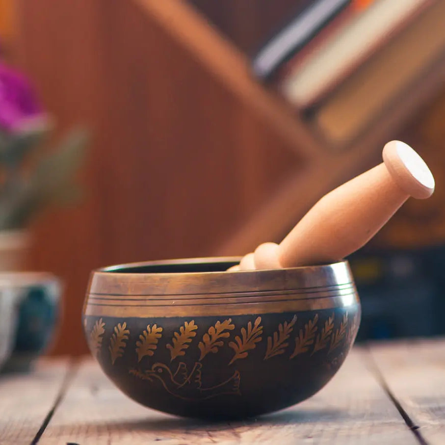 Leaf & Birds Design Carved Singing Bowl - Best Himalaya