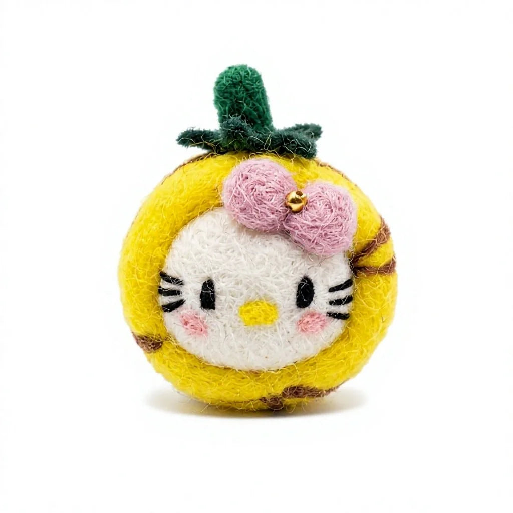 Felt Wool Cat Christmas Ornament Yellow Round with Pink Bow Cartoon Decor – view 2