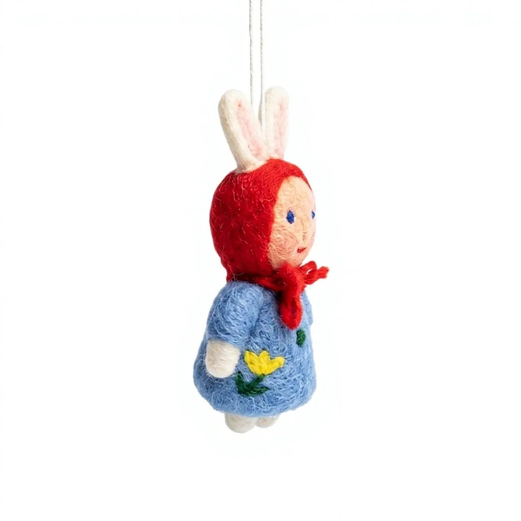 Felt Wool Bunny Dolls with Red Hood Blue Floral Dress Embroidered Felt Christmas Decoration – view 3