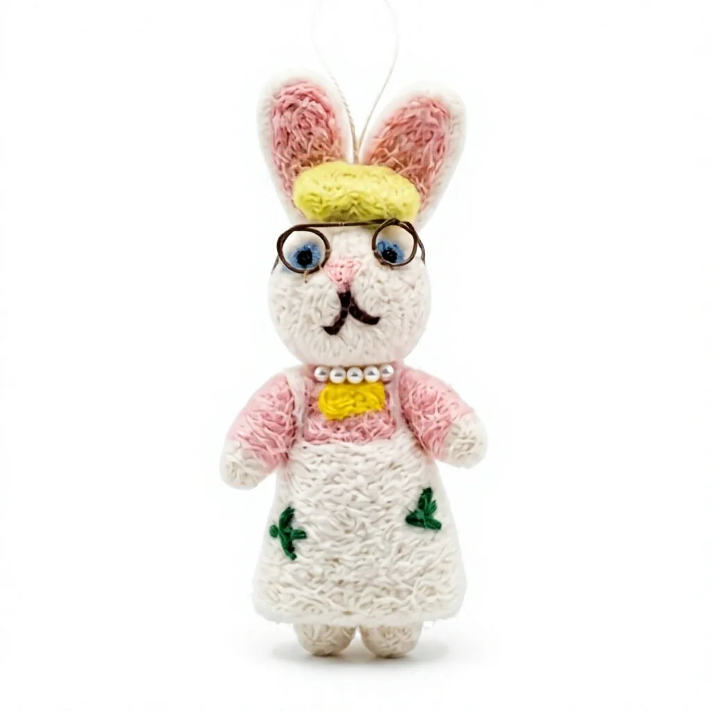 Felt Wool Rabbit Doll Christmas Ornament with Glasses Pink Dress Embroidered Flower – view 2