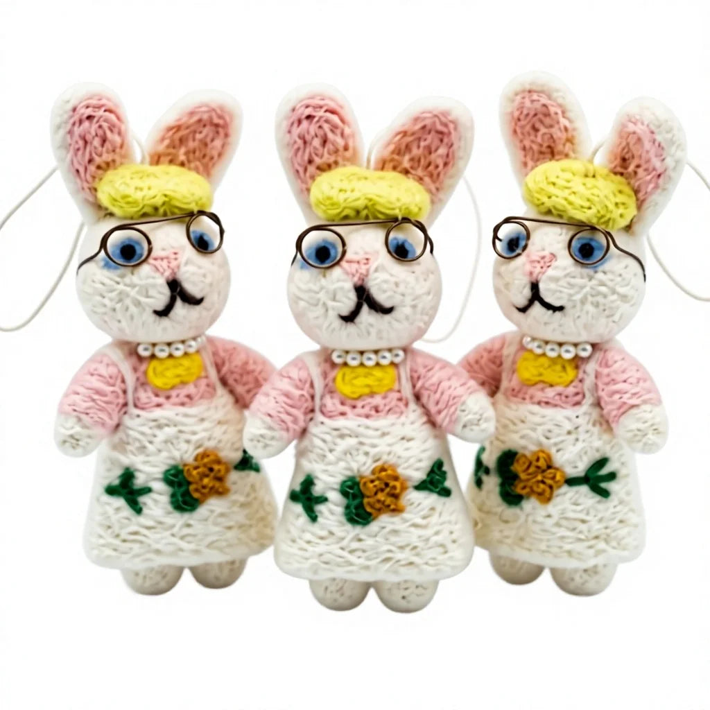 Felt Wool Rabbit Doll Christmas Ornament with Glasses Pink Dress Embroidered Flower – handmade by Best Himalaya