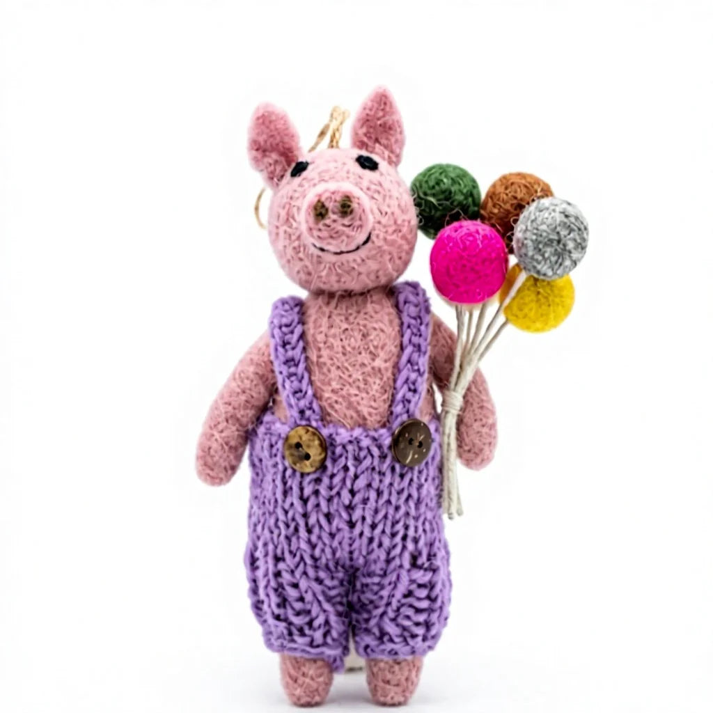 Felt Wool Pig Ornament with Purple Overalls and Colorful Felt Ball Bouquet Cartoon Animal Christmas Decoration – view 2