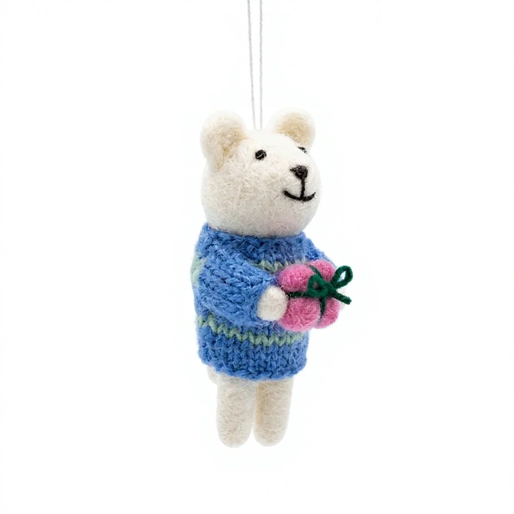 Felt Wool Bear Ornament with Pink Flower and Blue Sweater – view 3