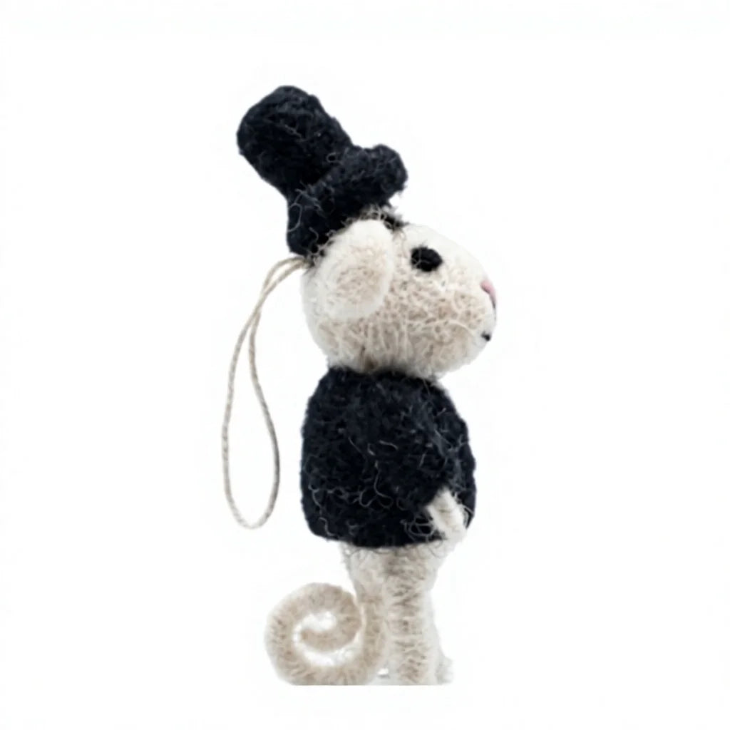 Felt Wool White Mouse Doll with Black Hat and Jacket Handmade Cartoon Animal Christmas Decoration – view 3