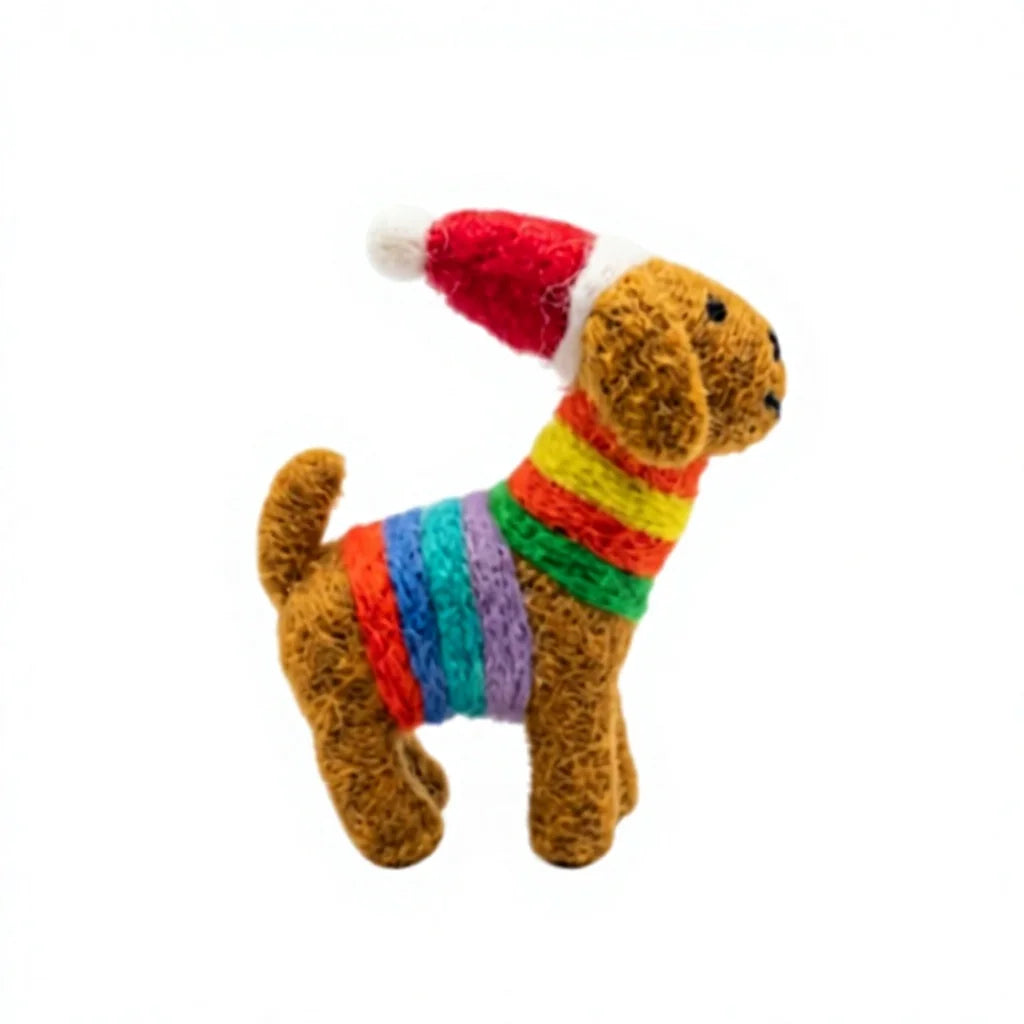 Felt Wool Dog Christmas Decoration with Santa Hat and Rainbow Scarf – view 3