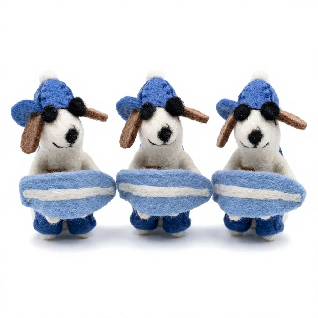 Felt Wool Surfing Dog Ornament Blue Hat White Body Handmade Christmas Decor – handmade by Best Himalaya