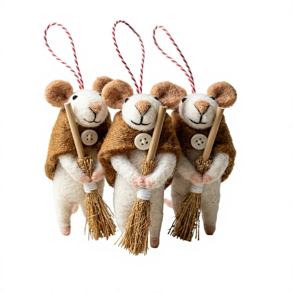 Felt Wool Mouse Ornament with Broom Rustic Christmas Decoration – handmade by Best Himalaya