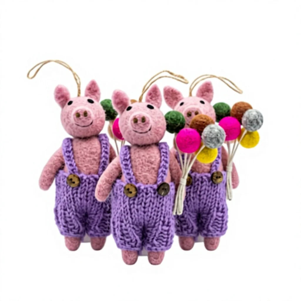 Felt Wool Pig Ornament with Purple Overalls and Colorful Felt Ball Bouquet Cartoon Animal Christmas Decoration – handmade by Best Himalaya