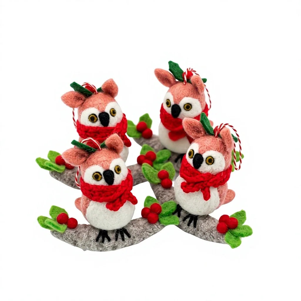 Felt Wool Owl Christmas Decoration Set with Red Scarf and Berries Wall Hanging – handmade by Best Himalaya
